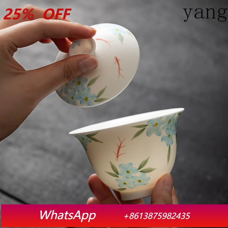 YJQ white hand-painted flower shadow swimming fish flower mouth cover bowl ceramic tea bowl for home use