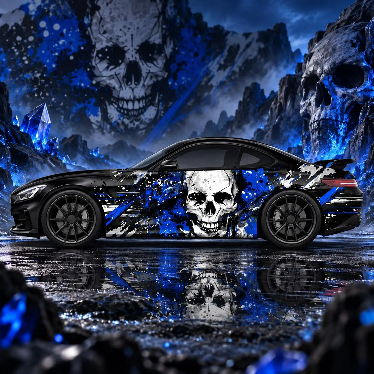 Skull Splatter Car Side Vinyl Wrap Decal, Blue & Black