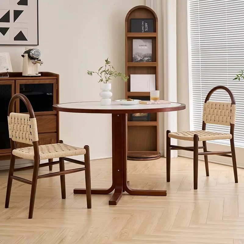 2025 نموذج جديد فرنسي عتيق كرسي طعام من الخشب الصلب حبل منسوج مسند ظهر على الطراز الأمريكي القديم أثاث منزلي للمنزل