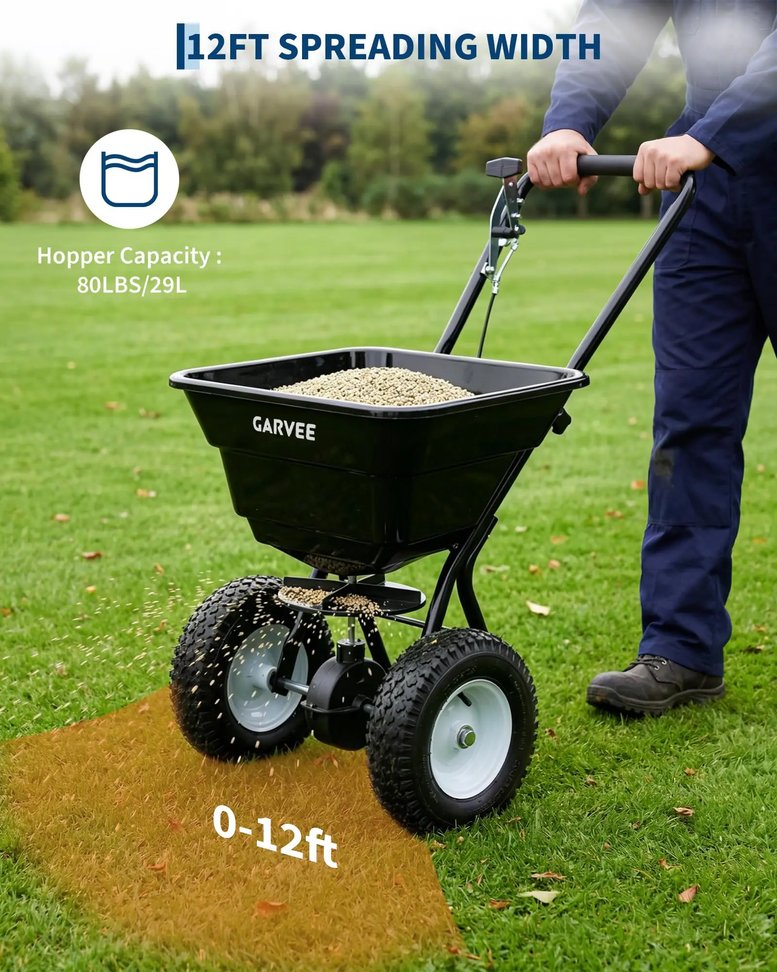 80 LBS Push Broadcast Spreader With 12FT Spreading Width 13Inch All-Terrain Wheels Adjustable Flow Control Heavy Duty Walk Behind Lawn Spreader For Fertilizer Grass Seed Ice Melt Salt - view 7