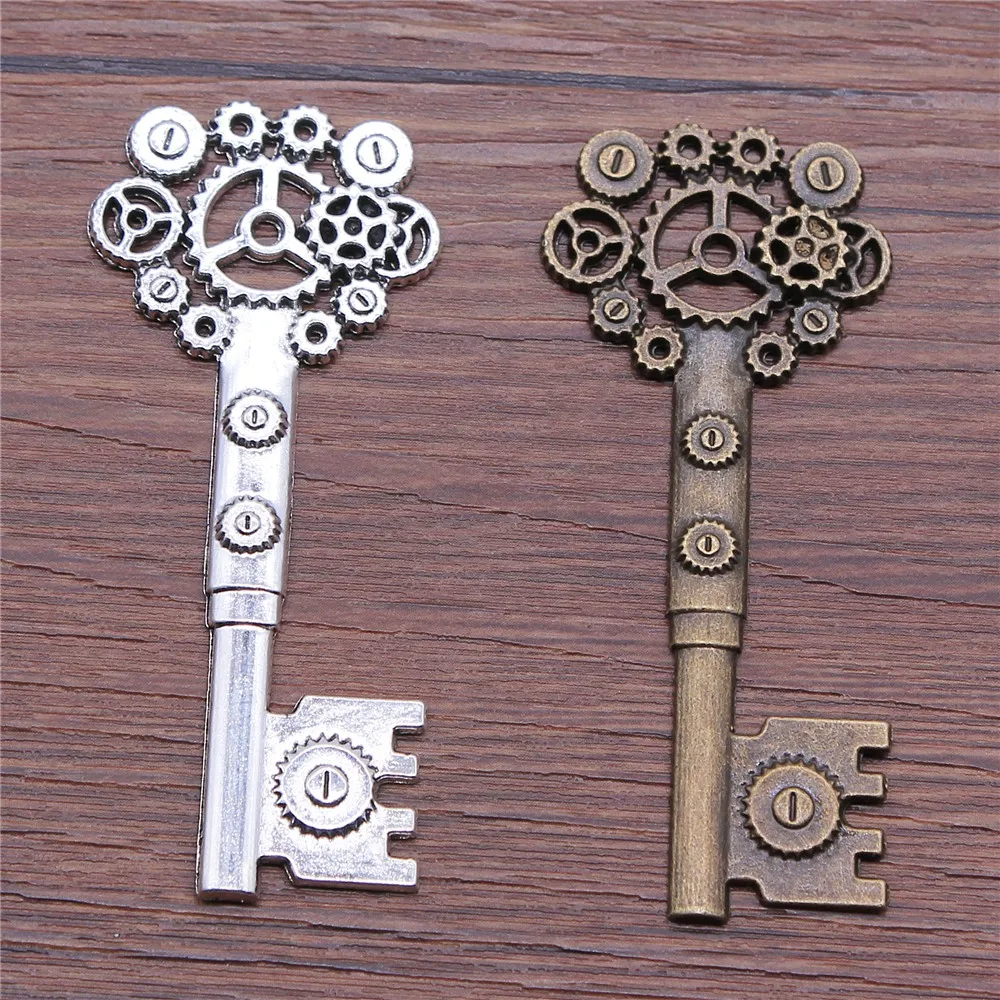 WYSIWYG 2pcs 32x72mm Vintage Charms Hollow Steampunk Gear Key Pendant 2 Colors Fit Bracelets DIY Metal Jewelry Making