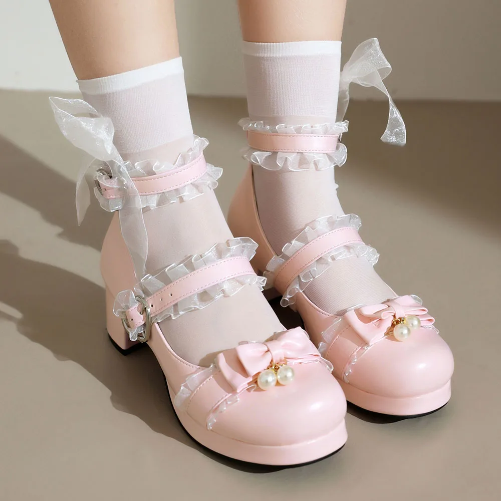 Women Kawaii Mid Block Heel Mary Jane Shoes Rockabilly Pumps With Bow Pearls Platform Chunky Heel Cute Sweet Shoes Plus Size 48