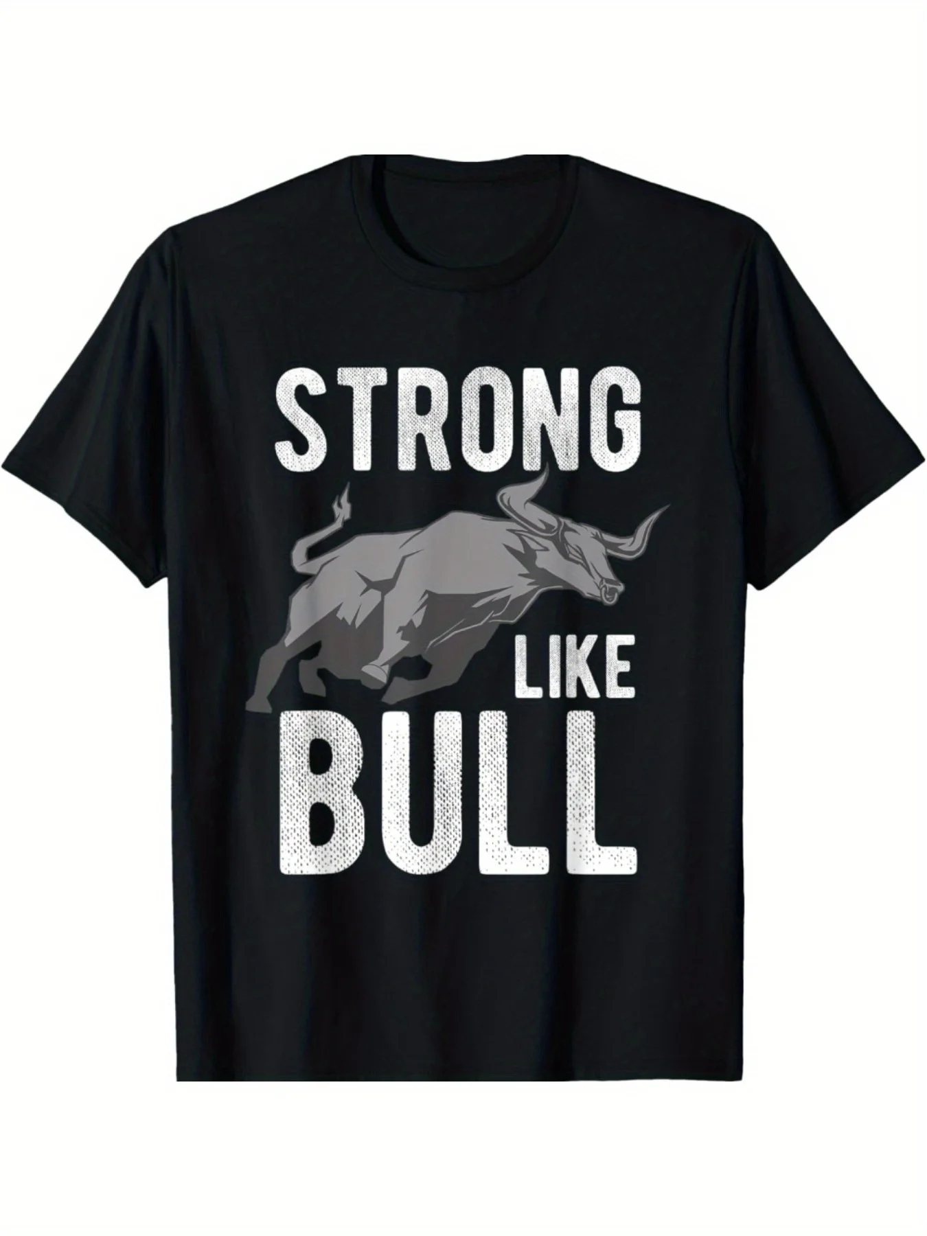 Men's Crew Neck T-Shirt with Bull Strength Embroidery, Casual Short Sleeve Top for Daily Wear, Sports, Hiking & Cycling, Suitabl