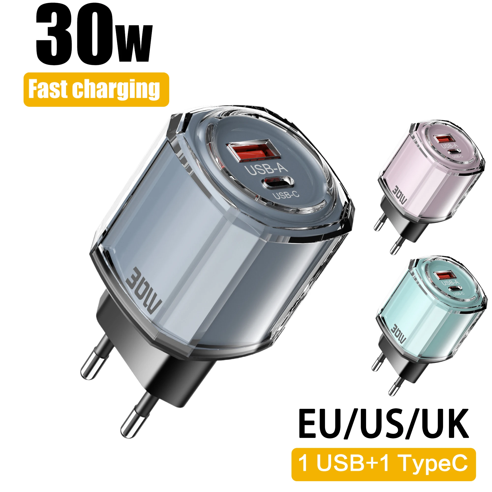 30W USB Charger 2 Ports PD Type C Fast Charging Wall Adapter Quick Charge 3.0 USB Type C Power Adapter EU/US Plug Travel Charger