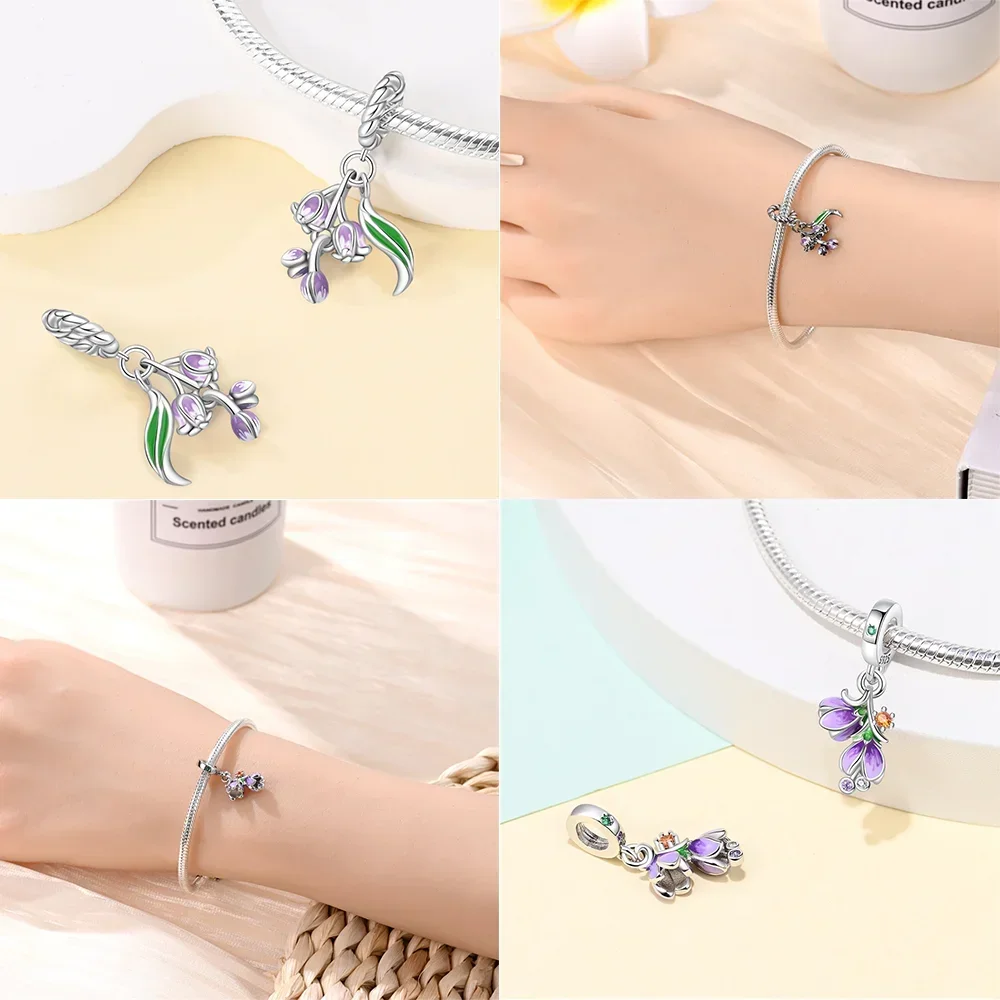 925 Perak Ungu Seri Bunga Manik-manik Iris Mawar Bunga Matahari Manik-manik Liontin Cocok Diy Gelang Kalung Wanita Hadiah Ulang Tahun