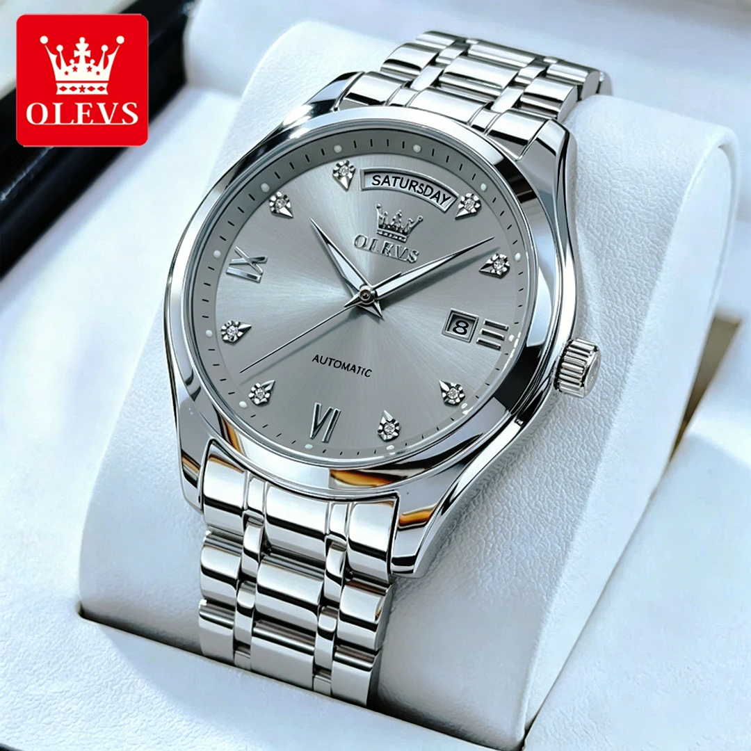 OLEVS Men's Watches Luxury Fashion Fine Steel Original Quartz Wristwatch Week Date Waterproof Luminous Roman Diamond Dial 6752