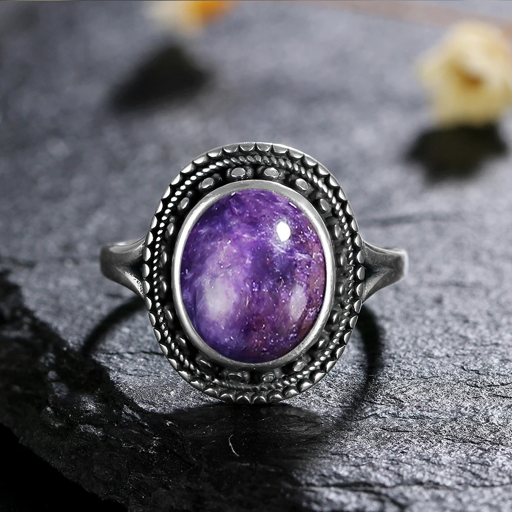 S925 anéis de prata esterlina natural charoite grânulo anéis de pedra preciosa para mulheres alianças de casamento presente de aniversário jóias finas