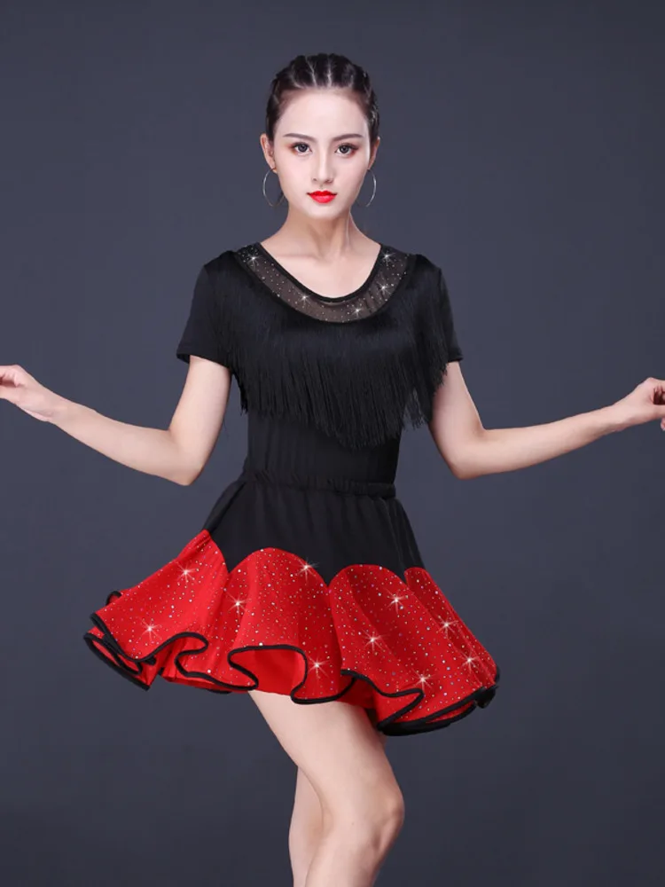 Adult Women Latin Tops And Skirt 2pcs Set Short Sleeved Stage Clothing Ballroom Samba Cha Cha Dancing Practice 2024 Summer