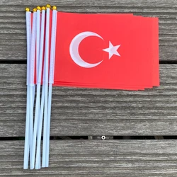 Xvggdg 14*21cm 100pcs Turkey Hand Flag Polyester Turkey Small Hand Waving Flag with Plastic Flagpole for Decoration