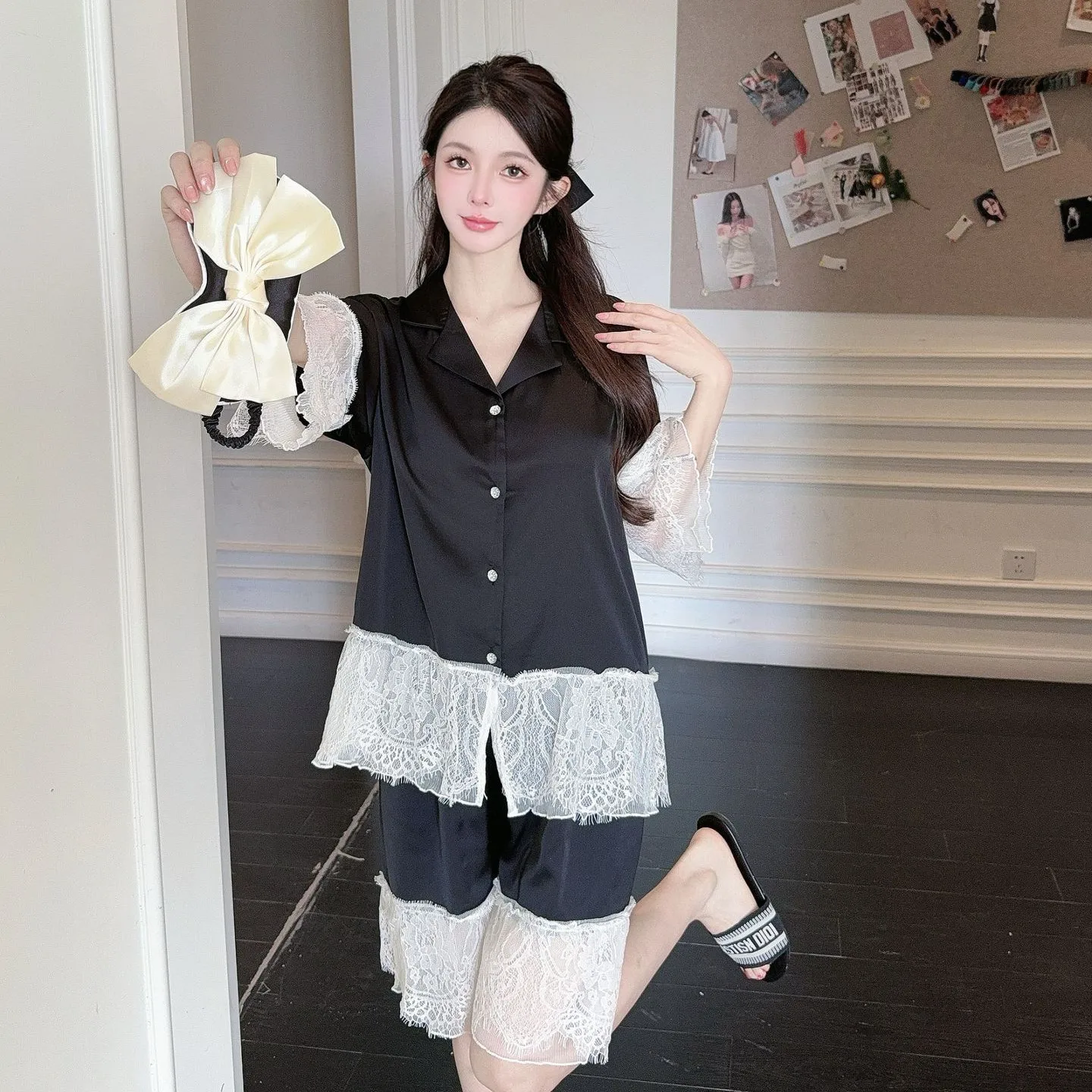 

Women's Pajamas Lounge Set Sleepwear Big Lace Trim Three-quarters Sleeve Shorts Pyjama Home Clothing