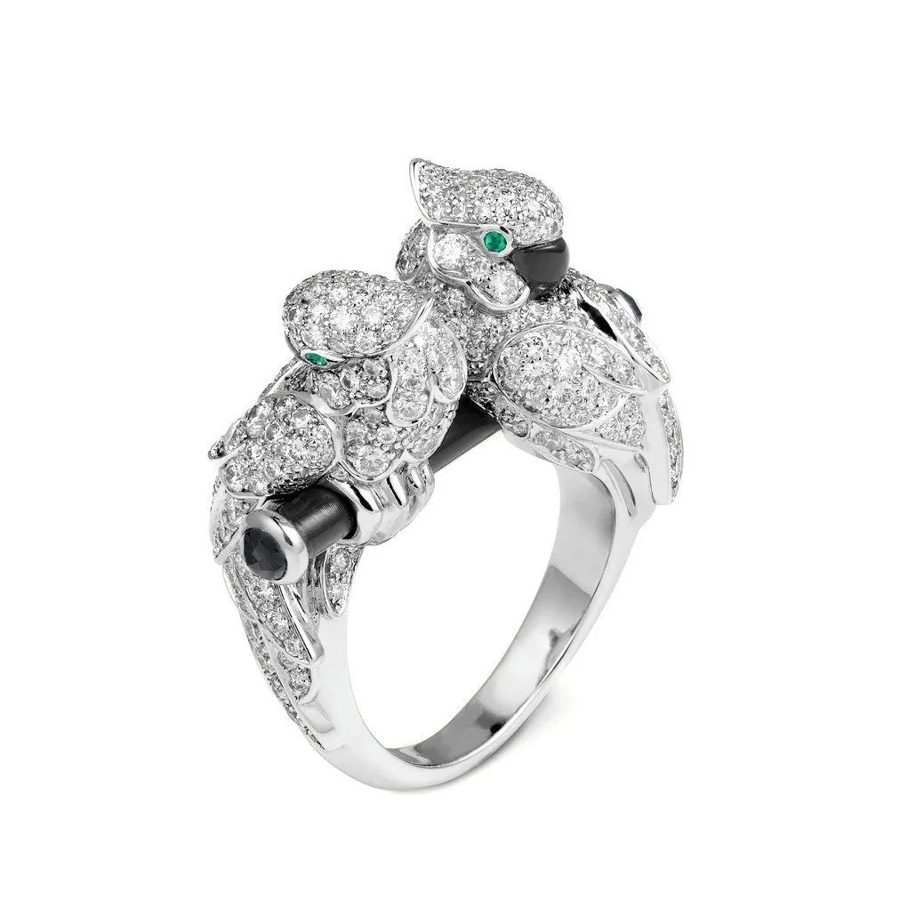 

Vintage Two Parrots Design Ring Luxury Animal 925 Sterling Silver CZ Pave Statement Fine Jewelry for Women's Birthday Party Gift