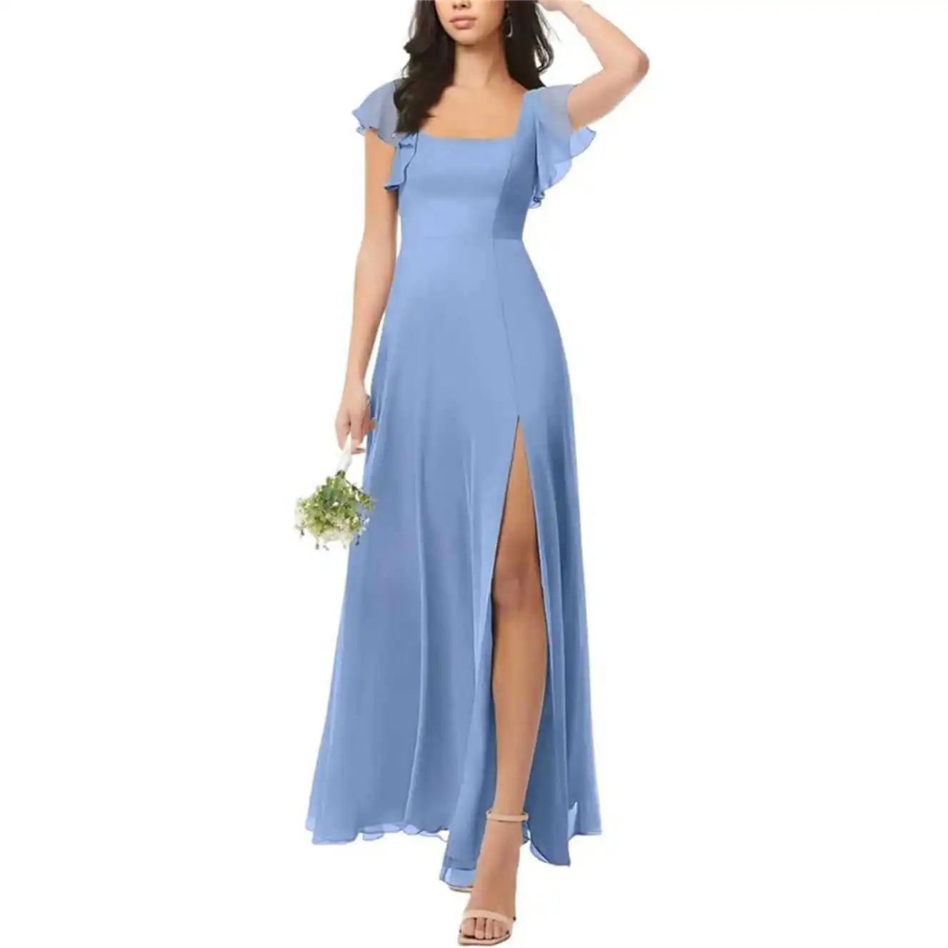 Abito da damigella d'onore QMANSHA in chiffon con scollo quadrato, maniche corte a volant e spacco laterale alto, lungo fino ai piedi