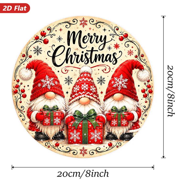 2D Flat, 1pc Round Metal Sign Wall Art, Christmas Home Decor, Gnome Pattern, Festive Design, Red - White Color Scheme, for Livin