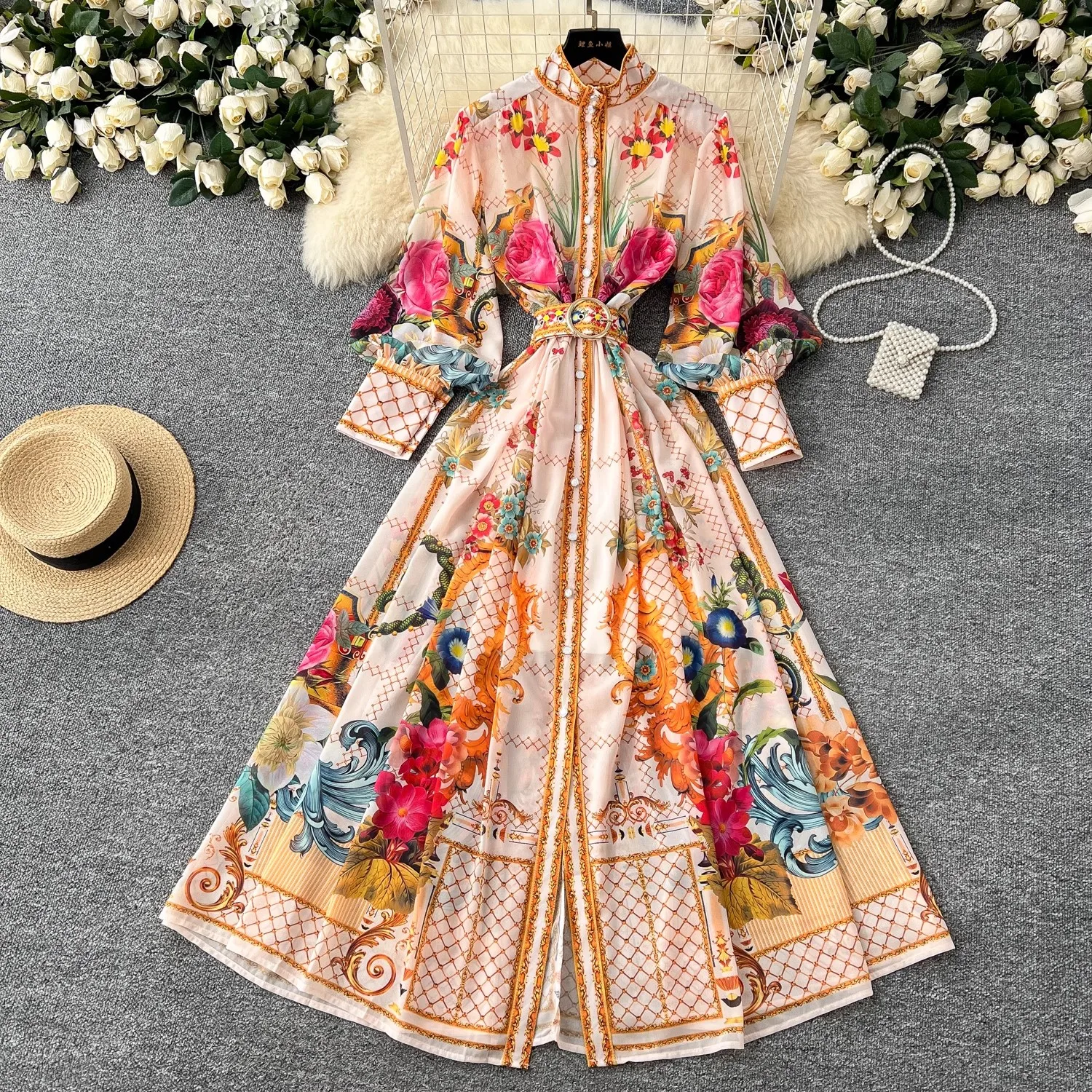 

2025 Spring Bohemian Loose Long Robe Dress For Women Elegant Lantern Sleeve Single-Breasted Vintage A-line Print Party Vestidos