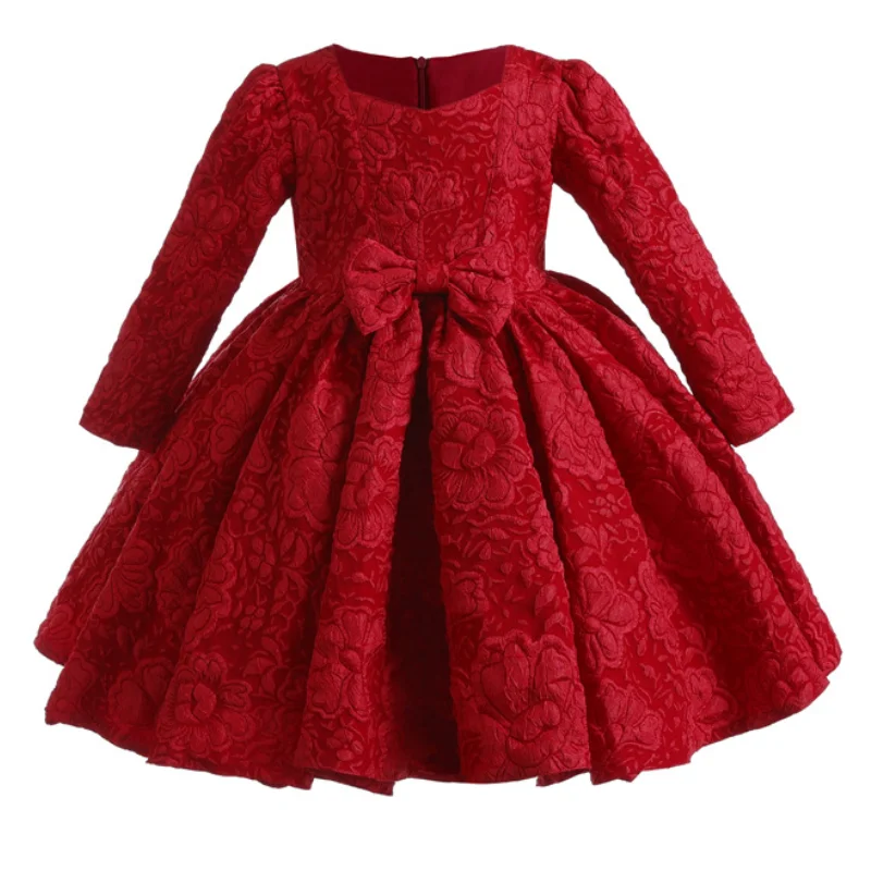 New Year Girls Long Sleeved Bow Solid Color Dress Christmas Fashion School Performance Graduation Ceremony Evening Dress