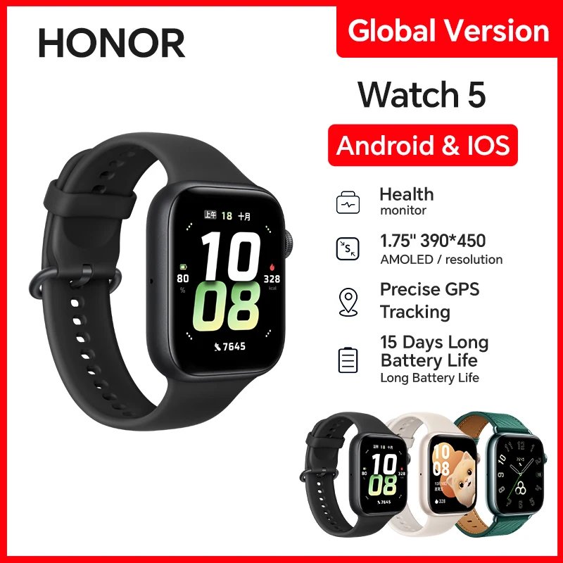 

Умные часы HONOR Watch 5 с AMOLED-экраном 1,85 дюйма, водонепроницаемостью 5ATM+IP68, мониторингом здоровья, сна и стресса, 15-дневным временем автономной работы, совместимость с IOS/Android