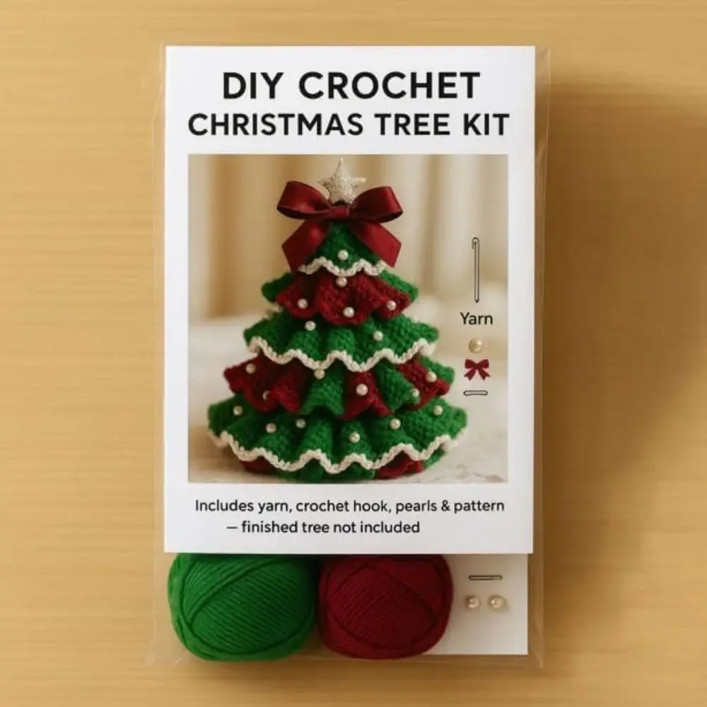 

Handmade Crochet Christmas Tree Kit Festival with Bow Faux Pearl Christmas Party Crochet Tabletop Christmas Tree for Beginner