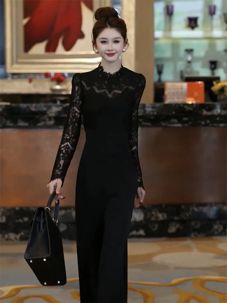 Simple Lace Patchwork Jumpsuit Trendy High Waist Long Pants Women's Faionable Street Sle Early Spring New Arrival