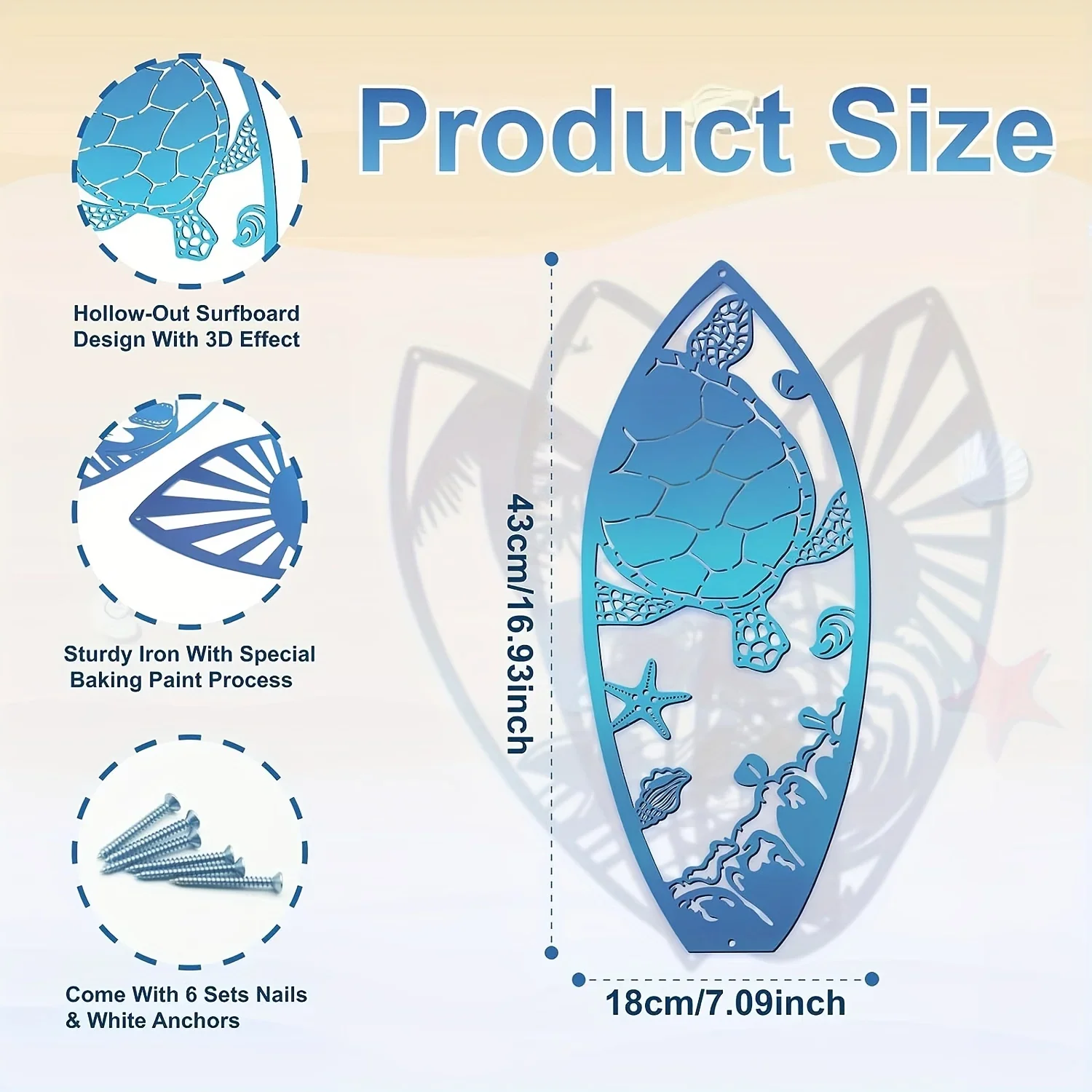 서핑보드 벽 조각 금속 공예 장식품, 해양 벽화, 금속 아트, 홈 장식, 벽 스티커, 세트당 4 개
