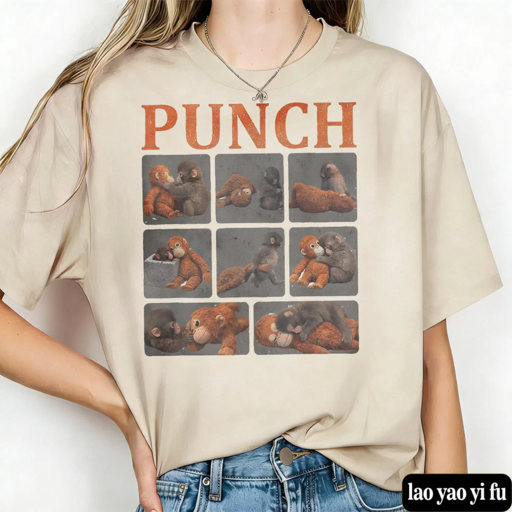 Baby Monkey Punch Women Shirt Cute Monkey T-Shirt Animal Lover Gift Cute Cozy Mom Tees Funny Unisex Tops Short Sleeve Shirt