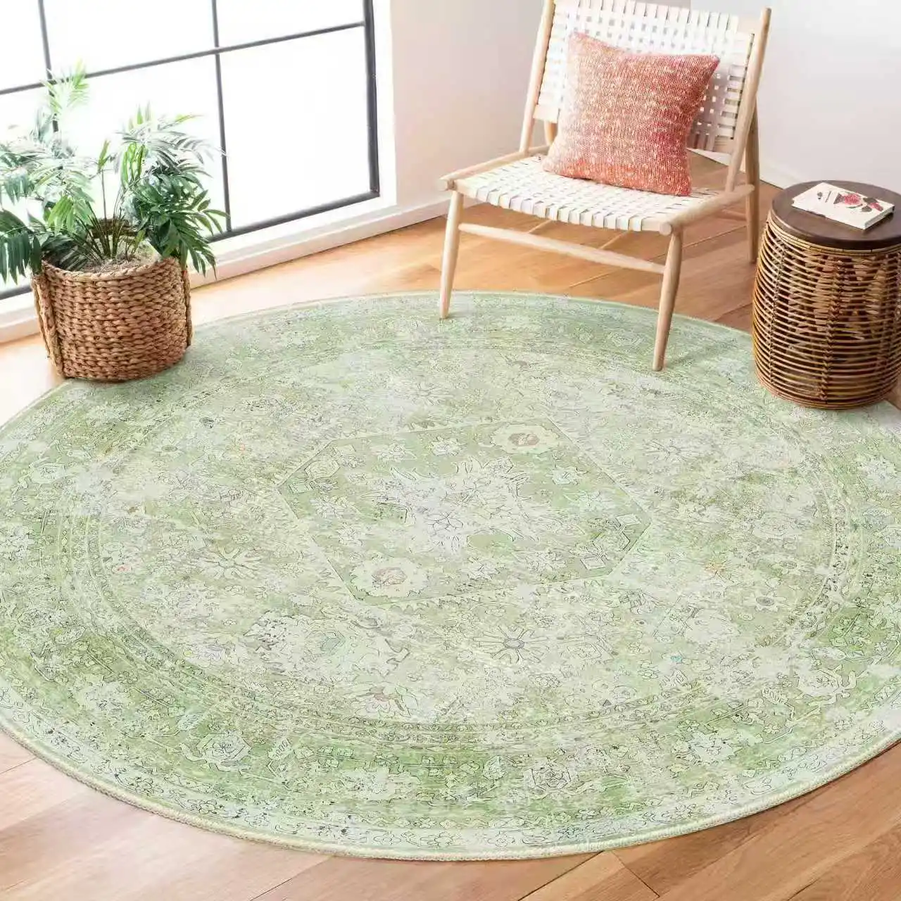 Pink Boho Round Rug – Washable Soft Non-Slip Circular Carpet for Girls Bedroom & Living Room Decor