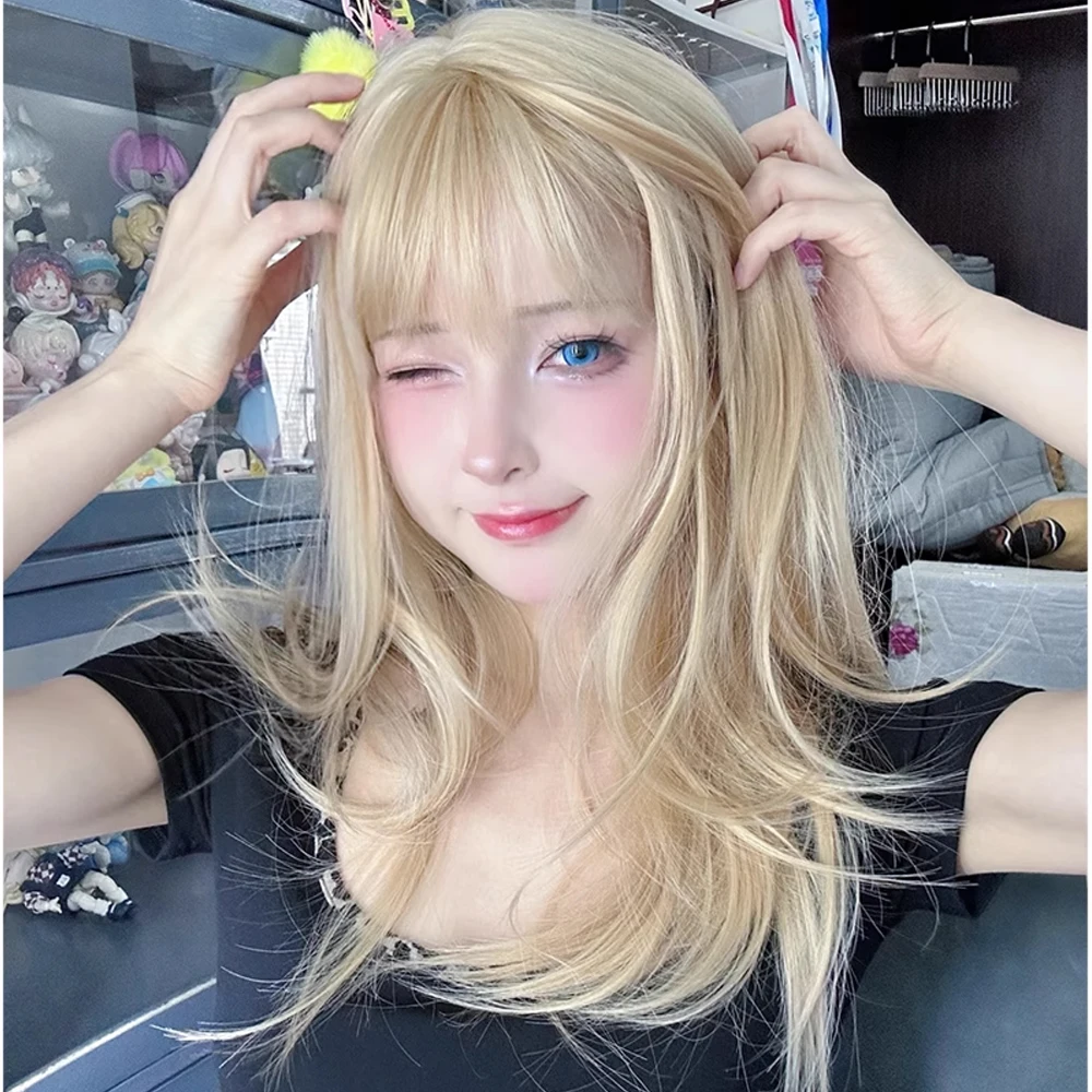 

Long Women Synthetic Straight Blonde Wigs with Bangs Fluffy Lolita Cosplay Heat Resistant Wig for Daily Party