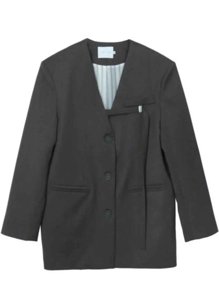 TLXT 솔리드 컬러 정장 재킷 여성용 v 넥 긴 소매 싱글 브레스트 리본 디자인 루스 코트 2025 Spring New XK1021