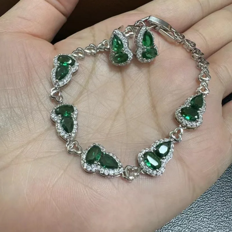 S925 Silver Needle European and American Style Royal Blue Gemstone Gourd Bracelet and Earring Set for Women