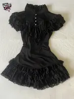 Gothic Lolita Vintage Lace Ruffle Mini Dress Women Short Sleeve High Neck Pearl Button Layered Hem Party Club Streetwear Outfits