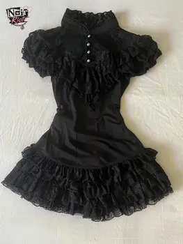 Gothic Lolita Vintage Lace Ruffle Mini Dress Women Short Sleeve High Neck Pearl Button