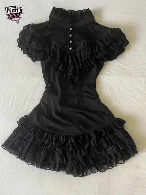 Gothic Lolita Vintage Lace Ruffle Mini Dress Women Short Sleeve High Neck Pearl Button Layered Hem Party Club Streetwear Outfits Gothic Lolita Vintage Lace Ruffle Mini Dress Women Short Sleeve High Neck Pearl Button