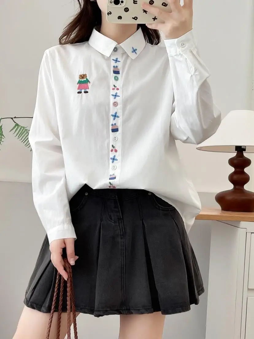 جديد 2025 الخريف قميص قطني بكم طويل ، المرأة التلبيب التطريز مخطط ، موري فتاة الحلو تخفيض العمر بلوزة فضفاضة T58520CC