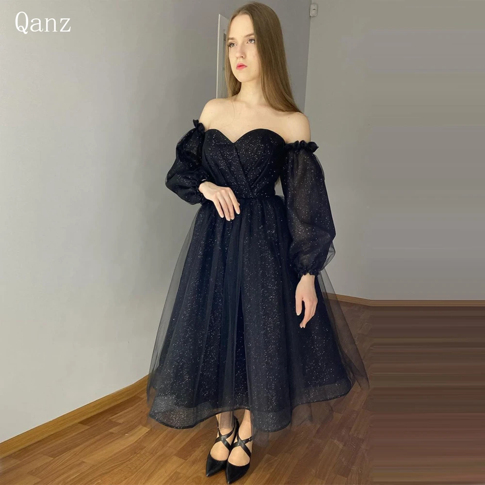 

Qanz Glitter Tulle Black Evening Dresses Sweetheart Prom Dresses Long Puff Sleeves Formal Occasion Prom Gowns Customized