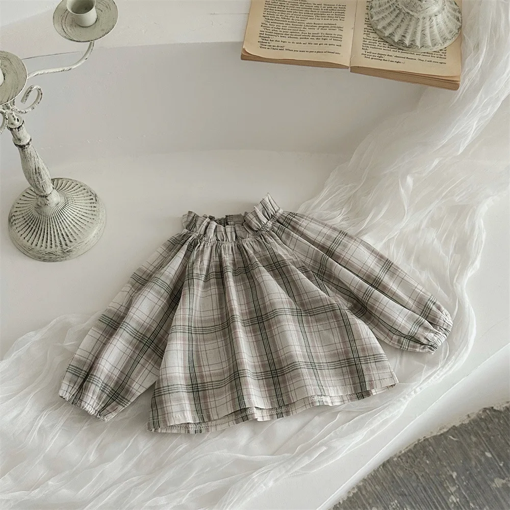 2025 ربيع الرضع طفل طويل الأكمام قمصان مربعة النقش القطن طفل صبي فتاة الوقوف طوق بلايز عادية قمصان الموضة الملابس #3