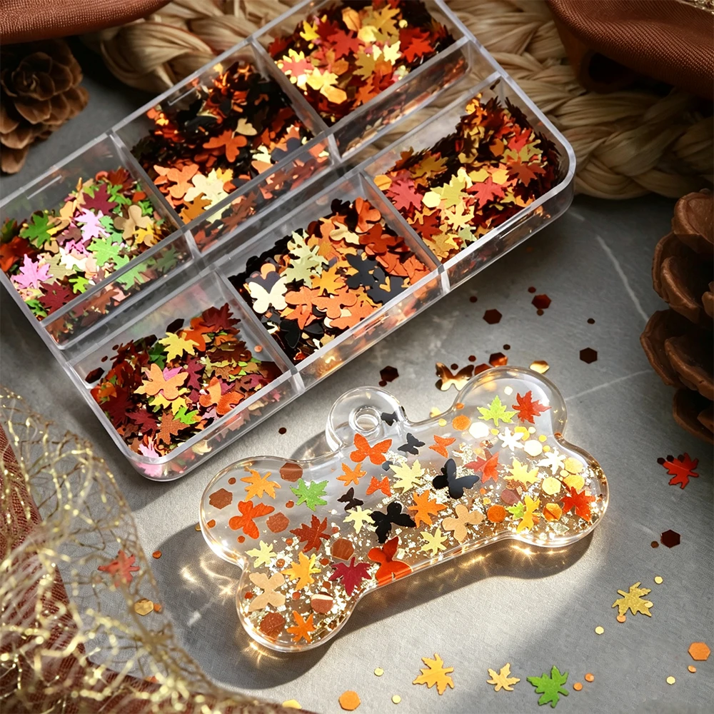 Resin Art Glitter - 初秋DIYレジンアートデコレーションミックス、メープルリーフ、蝶、スパンコール、グリッター、エポキシ樹脂モールド充填チャーム、シェイカーフィラー用