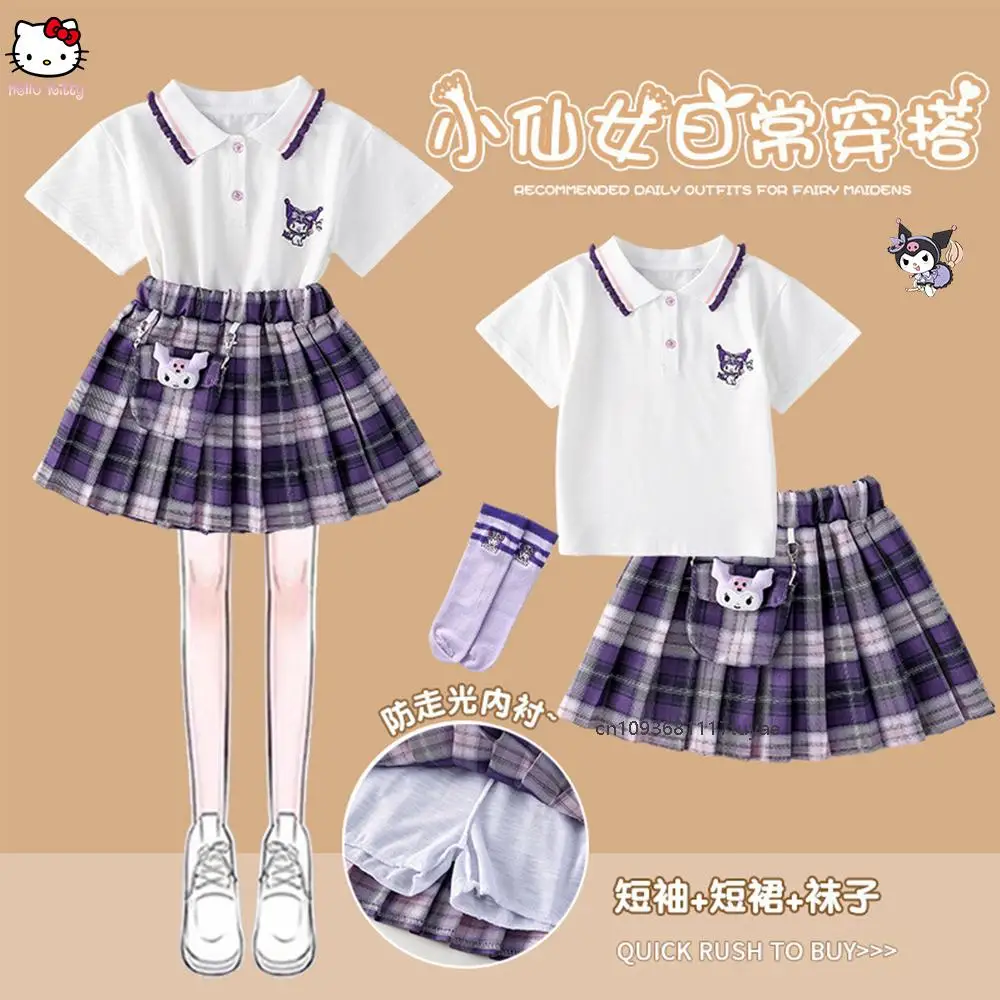 Anime Kawaii Kuromi Girl's College Style Pleated Skirt Set Sanrios T-Shirt New Summer Students Fashion Kids Short Sleeve Skirt