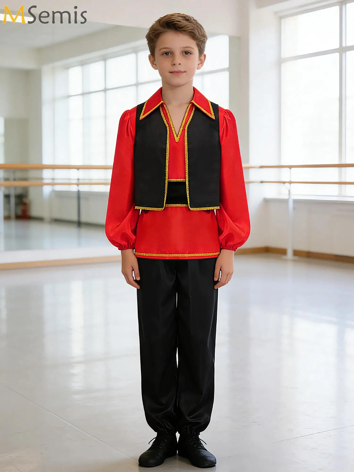Conjunto de ropa para bailar el vals, para niños, camisa de manga larga, pantalones y cinturón, ideal para presentaciones de flamenco español, competiciones y patinaje artístico.