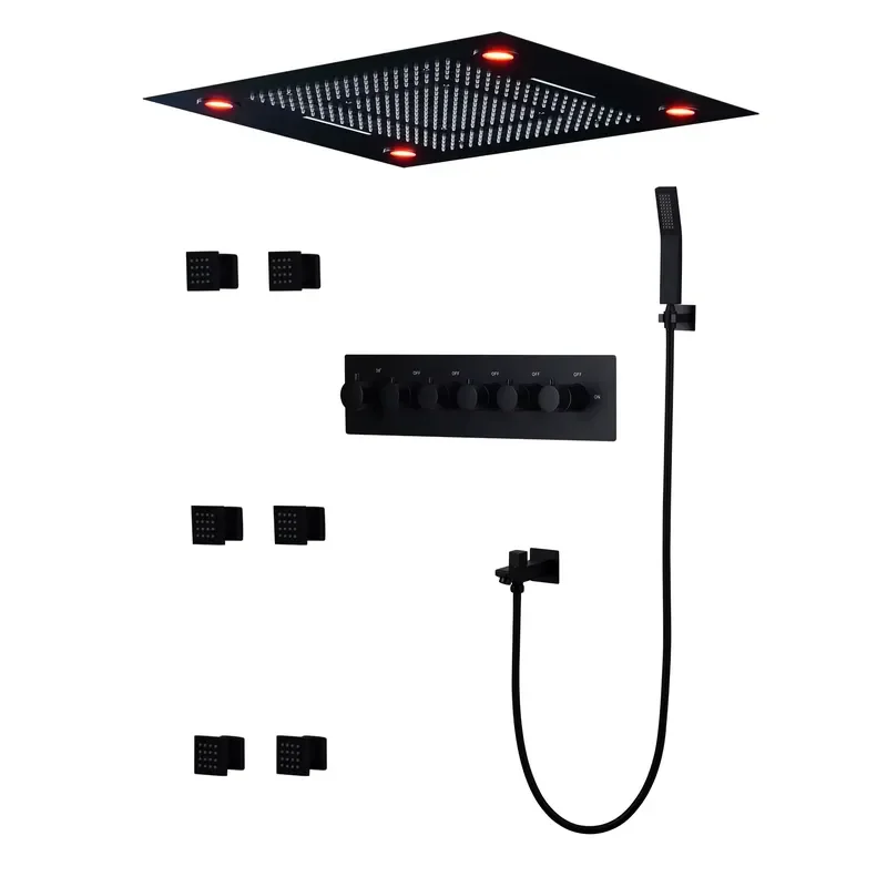 Black Shower Head Set Thermostatic Mixer High Flow Large 800x600mm Rain Spray Shower Panel Faucet 2 Inch Body Jets view 6