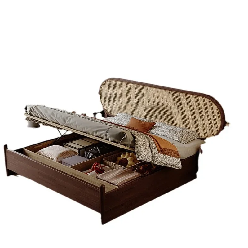 

Nordic solid wood rattan bed, retro double bed