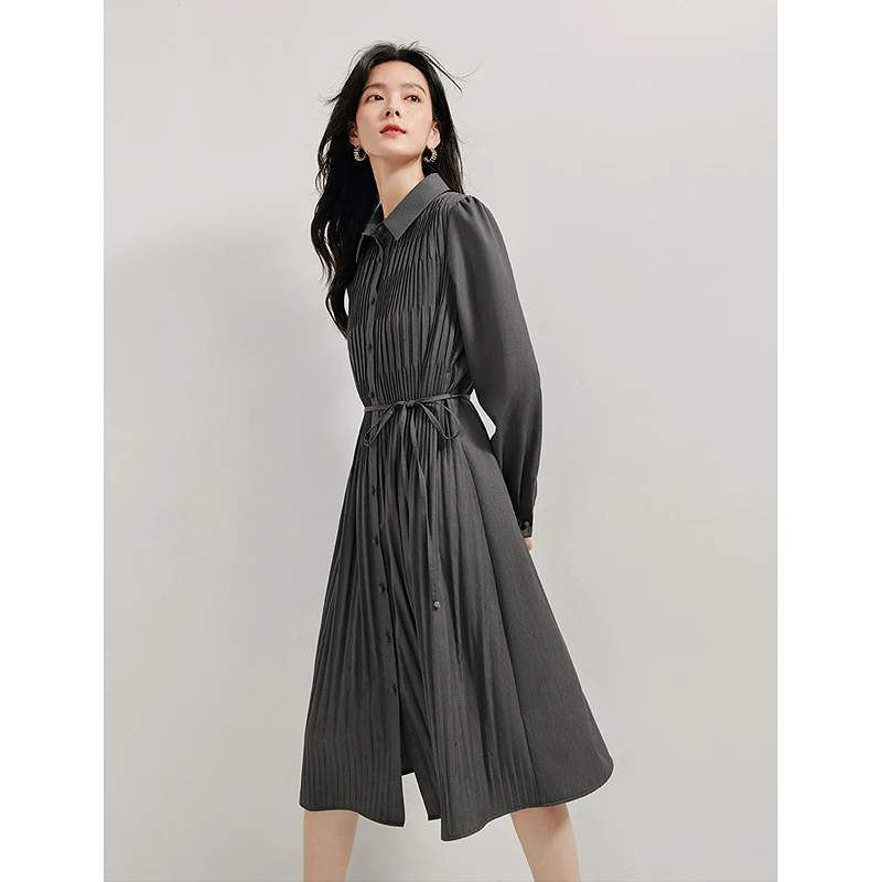 INMAN 2024 autumnwinter Temperament pleated Women's dress Knotted Waist slimming A-line loose skirts