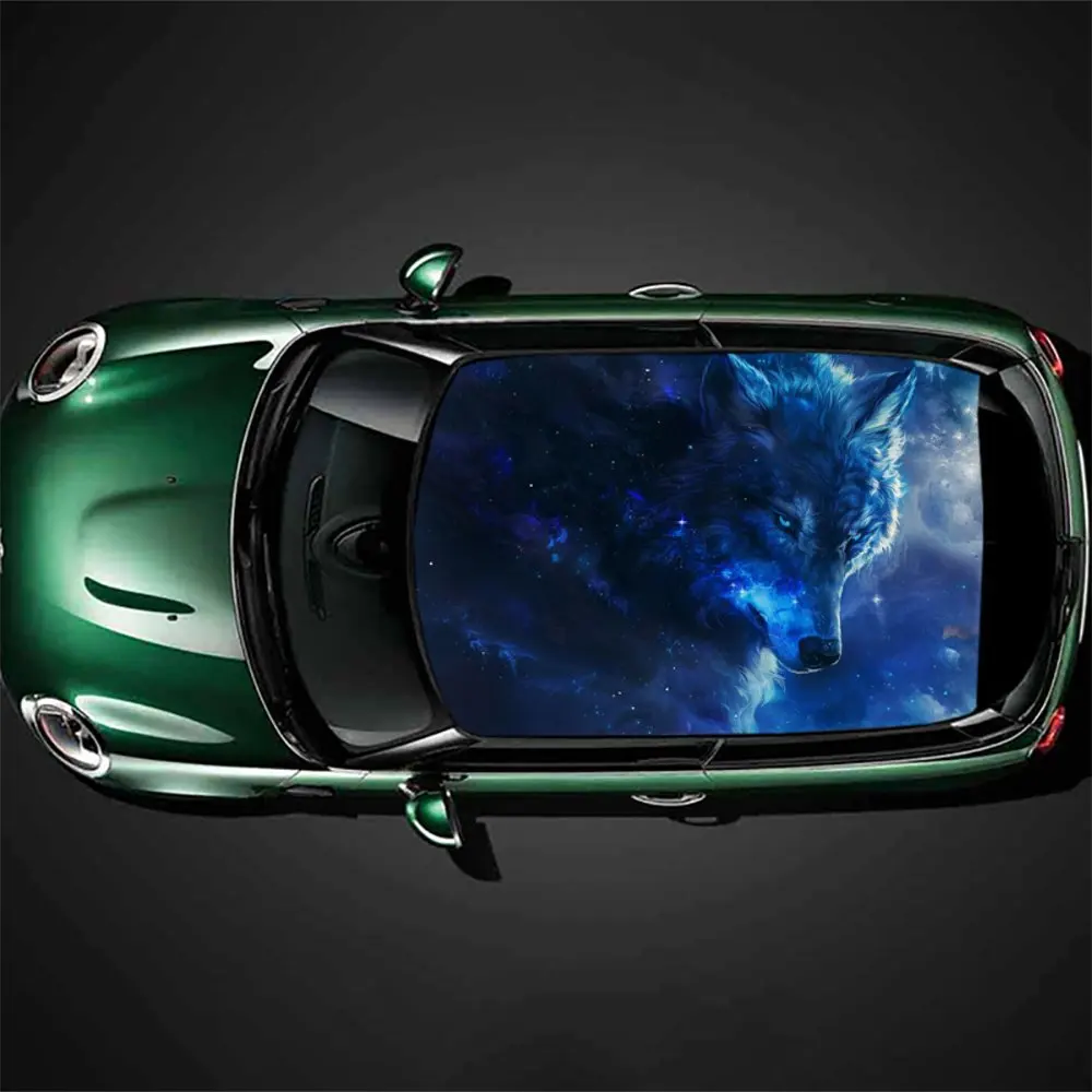 

Blue Starry Sky Wolf Animal Car Roof Sticker Wrap Racing SUV Auto Accessories Packaging PVC Car Hood Graphic Decal Decoration
