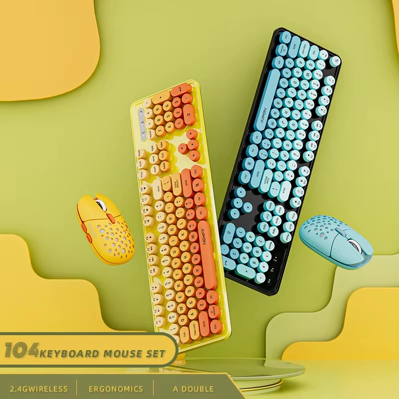 104 Keys 2.4G Wireless Gaming Keyboard Mouse Combo Cute Retro Round Keycap Ergonomic Keyboard With Multimedia Function Keys