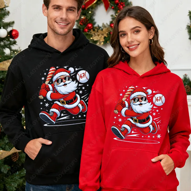 Lustiger Baseball-Weihnachtsmann 67, Weihnachts-Pyjama, Unisex-Kapuzenpullover, Humor-Stil, Urlaub, Party, Pullover, warmer Komfort-Hoodie