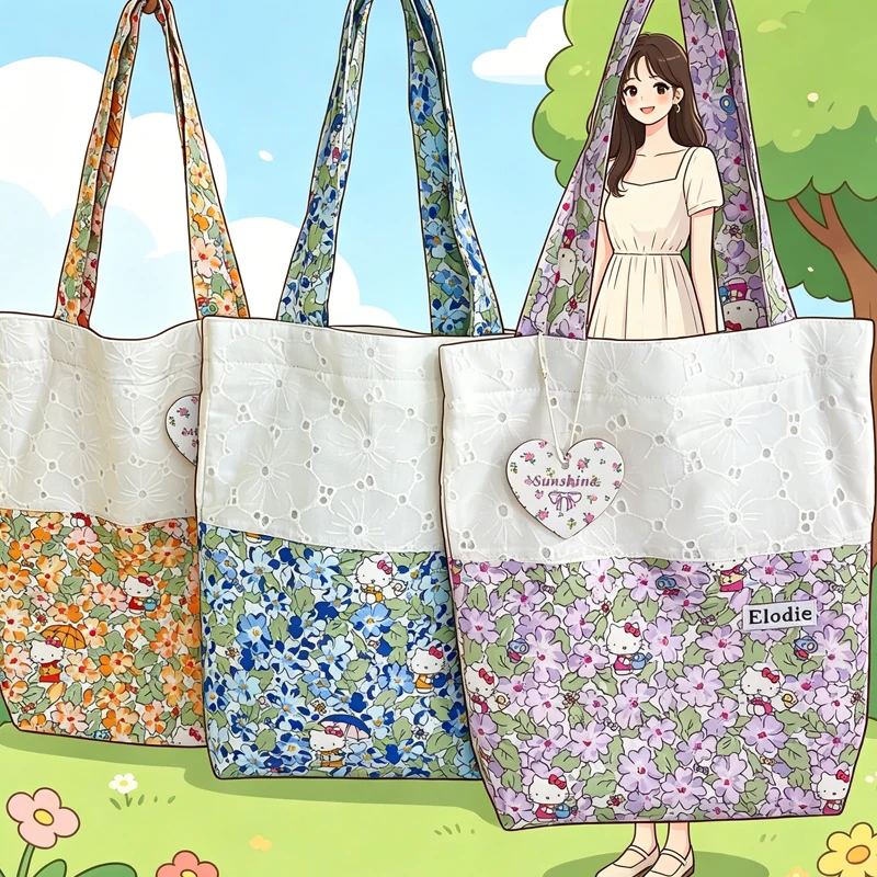 

Hello Kittys Cotton Cloth Hollow Embroidery Shoulder Bag Lady Splicing Handbag Girl Crossbody Bag Bags for Woman Student