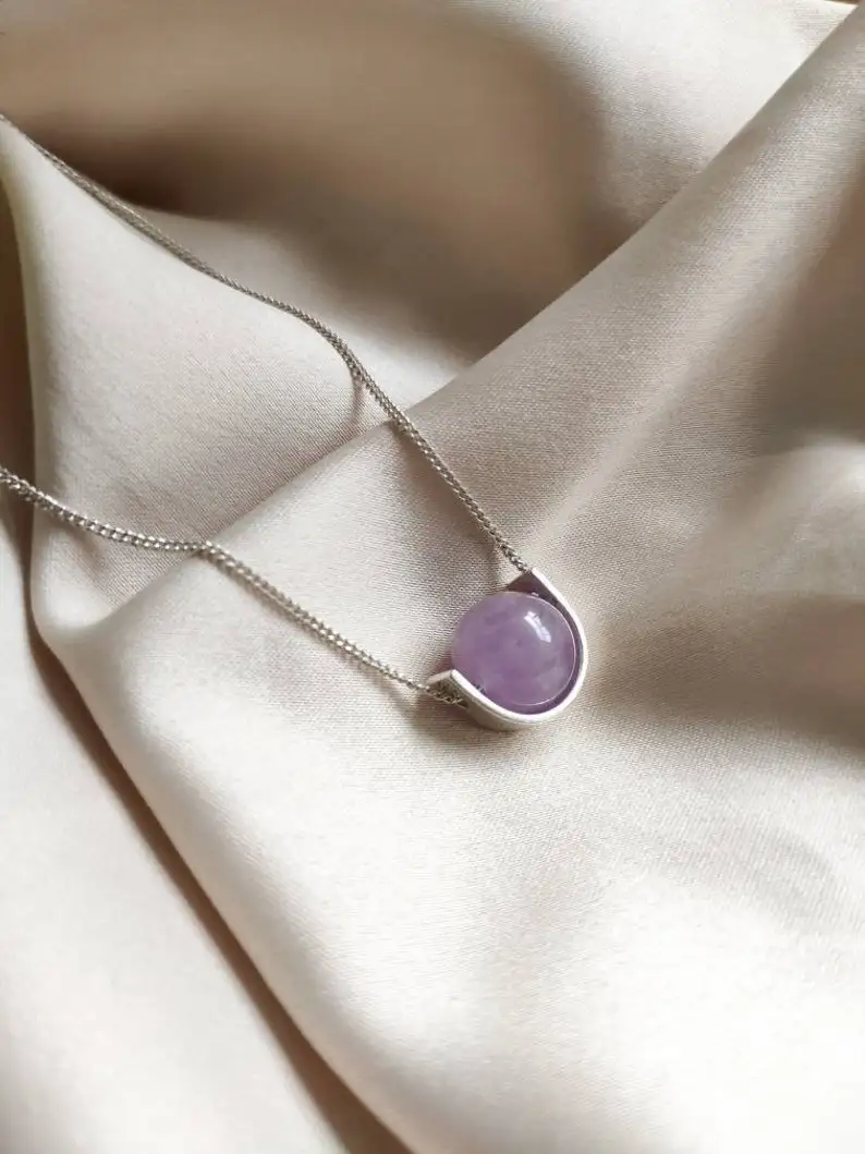 Lilac amethyst sterling silver necklace - 10mm purple gemstone fidget necklace for women, One stone minimalistic jewelry gift