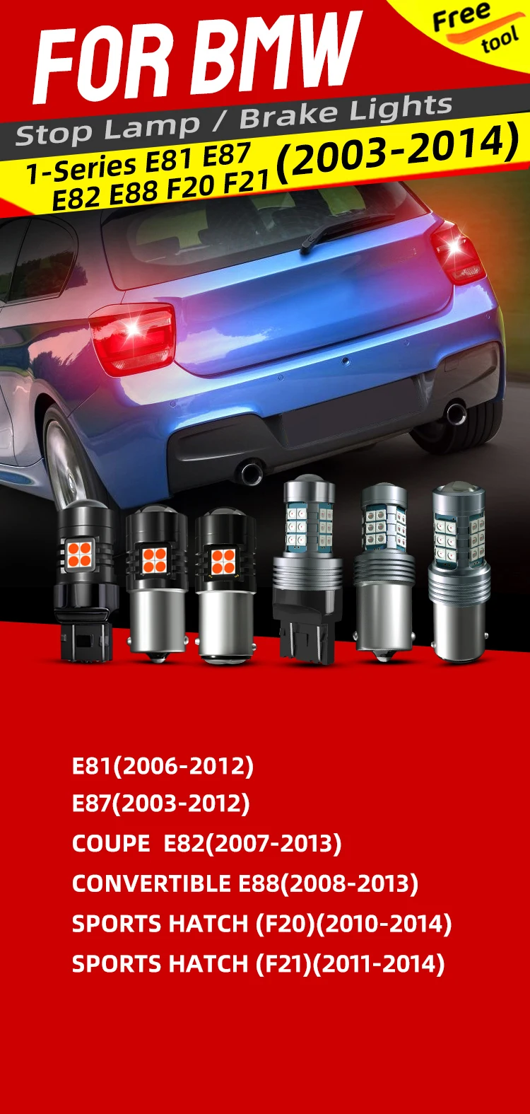 2×LED Brake Stop Lights Blubs Red No Error For BMW 1-Series E81 E87 E82 E88 F20 F21 Coupe Convertible 125i 135i 116i 130i 120d