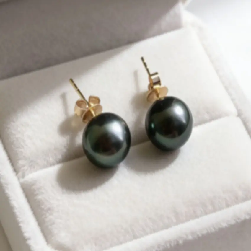 12mm Natural black green Tahitian round pearl 14K gold earrings Thanksgiving Aquaculture Wedding Gift Halloween