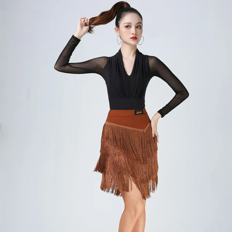 2023 New Women Dresses Big Black Tassel Dance Long Sleeve Skirt Latin Dancing Dress Latina Black Sexy Girls Adult Costume Rumba