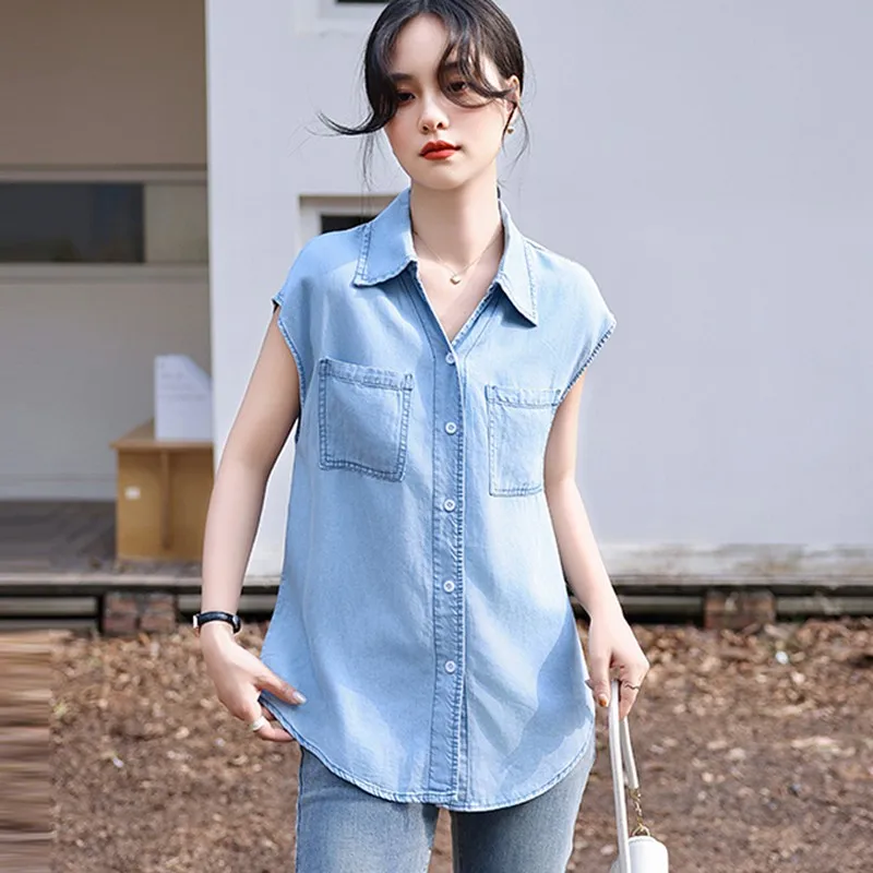 Women Casual Denim Shirt New Arrival 2024 Summer Korean Style Double Pockets Basics Female Sleeveless Tops Shirts B3271