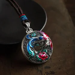 New in Charms Chinese Style Carven Colorful Enamel Phoenix Peony Flower Necklace for Women Round Hollow Pendant Jewelry